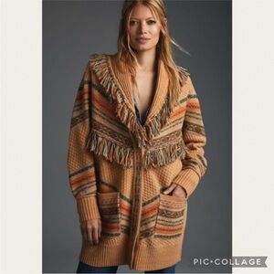 Anthropologie Fringed Cardigan Sweater in Neutral Pattern